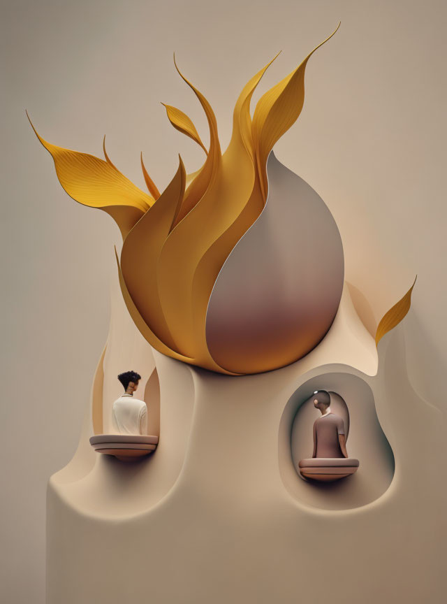 Abstract artwork featuring beige sphere, golden flame shapes, and miniature figures at desks.