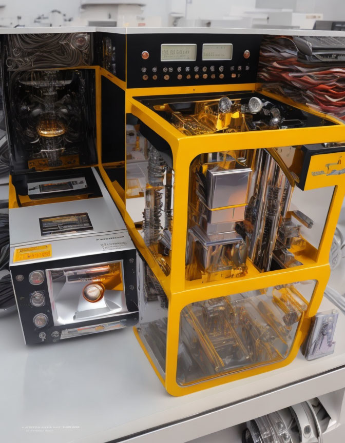 Yellow Frame Custom PC with Exposed Tubes and Intricate Components Against Computer Parts Background