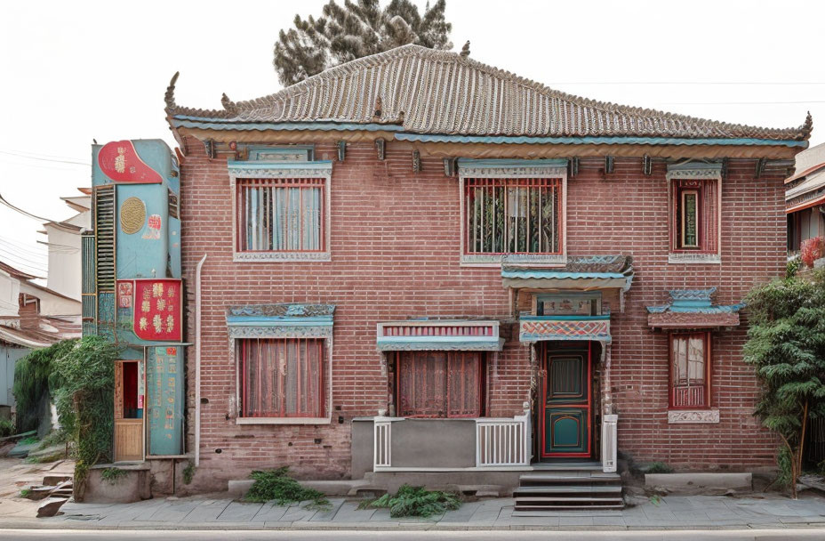 Classic Two-Story Brick House with Blue Door and Ornamental Signboard