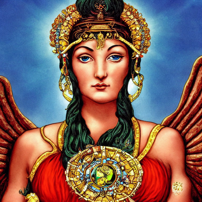 Figure with Blue Eyes, Golden Headwear, Red Attire, Green Braided Hair, Wings,