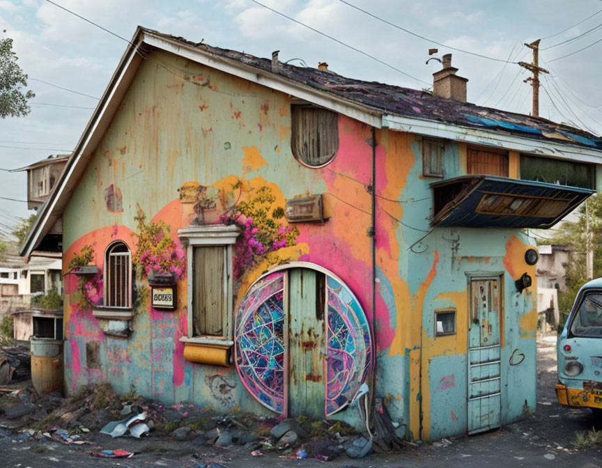 Vibrant graffiti-painted house with circular patterns and yellow auto-rickshaw under clear sky