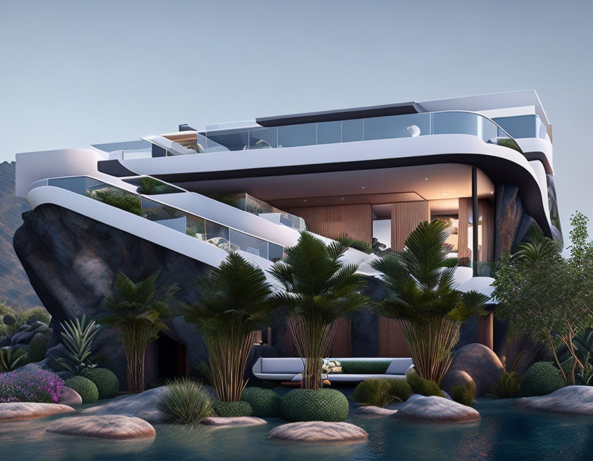 Luxurious modern house perched on rock with lush greenery & palm trees