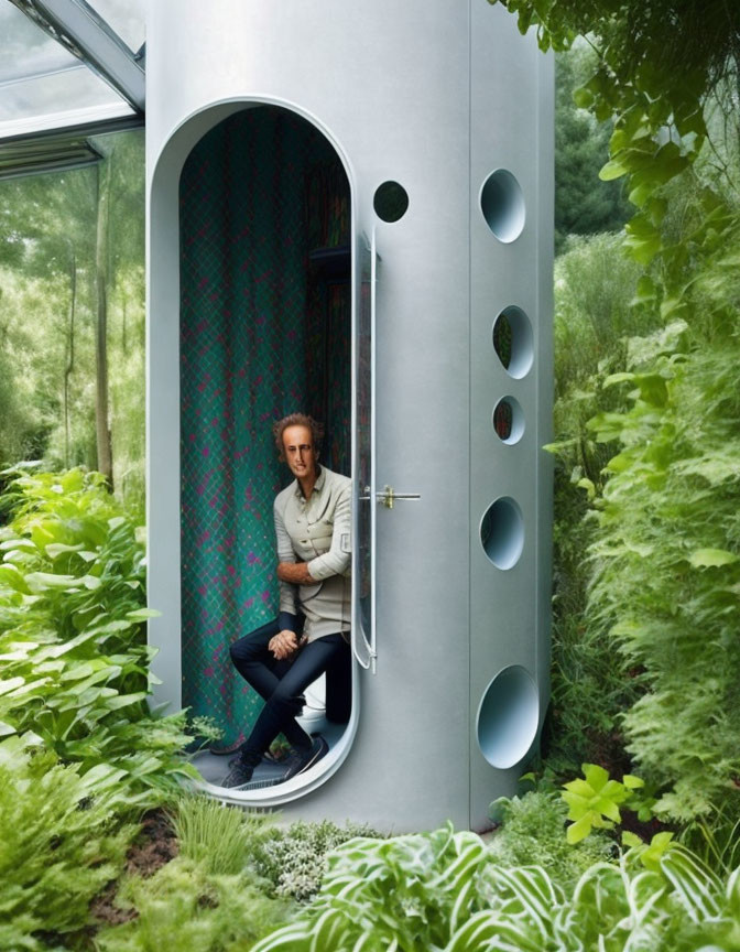 Modern cylindrical structure with circular windows and lush greenery inside