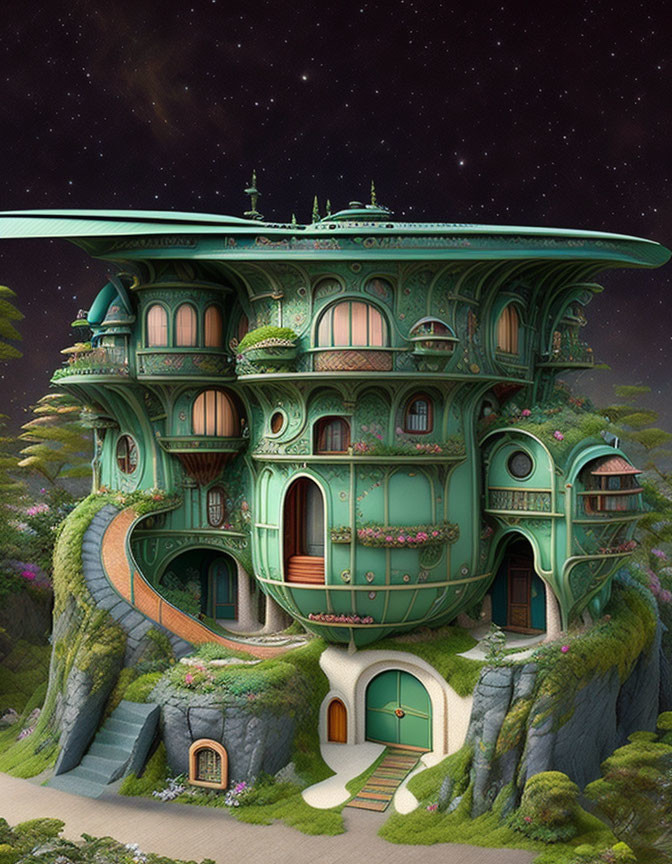 Fantastical multilevel green building with lush vegetation under starry sky