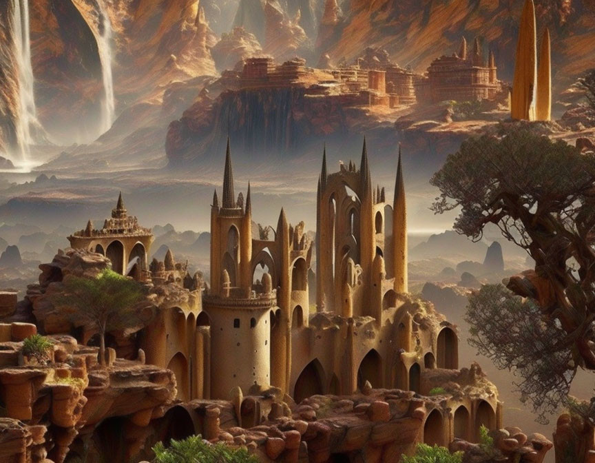 Elaborate Sandstone Castle in Fantasy Landscape