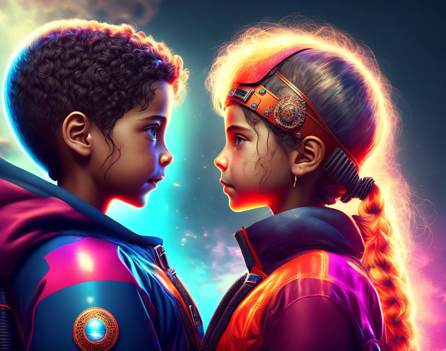 Children in futuristic attire against cosmic backdrop