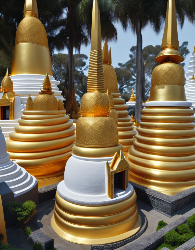 Golden and White Pagodas in Serene Setting with Lush Green Trees