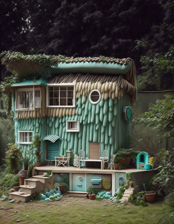 Quirky two-story house with green yarn-like exterior and round windows