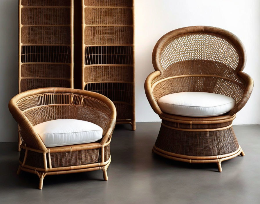 Modern room with round wicker chair and tall shelving unit on gray wall