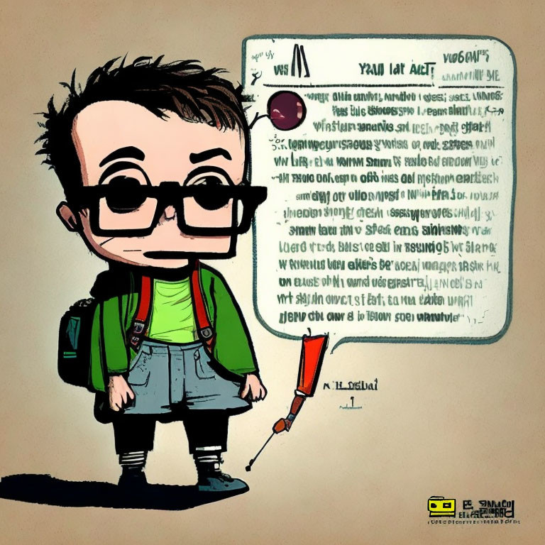 Character illustration: spiky-haired person in glasses, green shirt, denim overalls, black boots