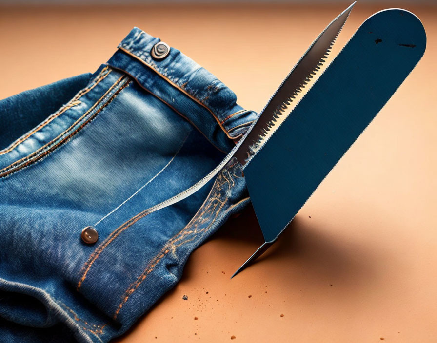 Serrated knife beside folded denim jeans on brown surface