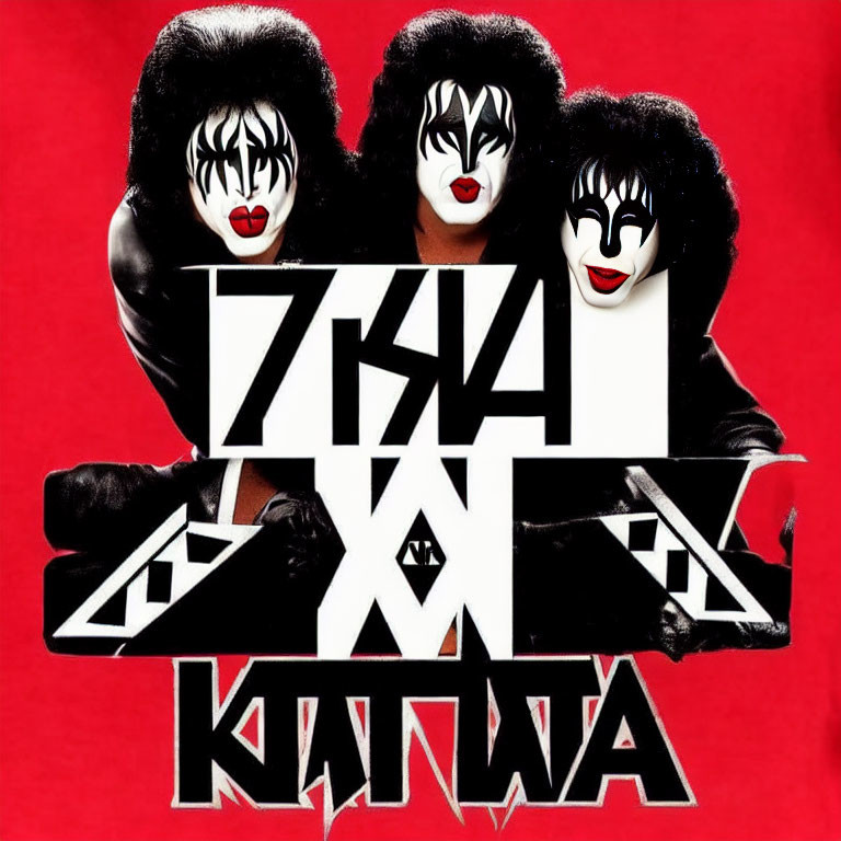 Three individuals in KISS-inspired face paint on red background with band logo