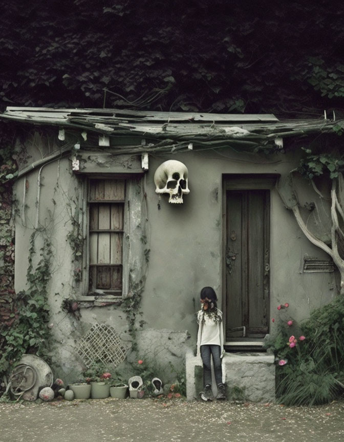 Young girl outside vine-covered building with skull and scattered toys.