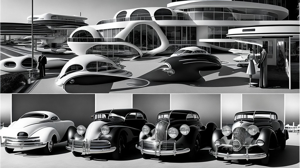 Monochrome futuristic cityscape with retro cars and modern buildings