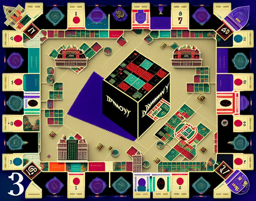 Colorful Egyptian-themed board game layout with pyramid centerpiece, player boards, cards, and tile pieces.