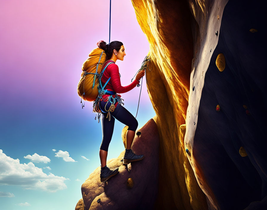 Female rock climber ascends steep cliff at sunset