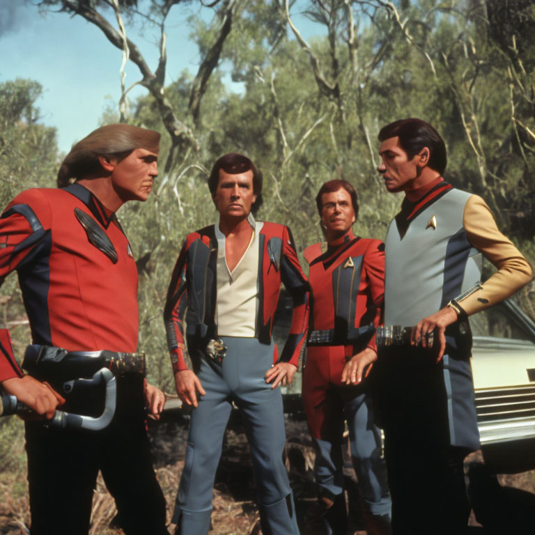 Four men in futuristic uniforms discussing in wooded area