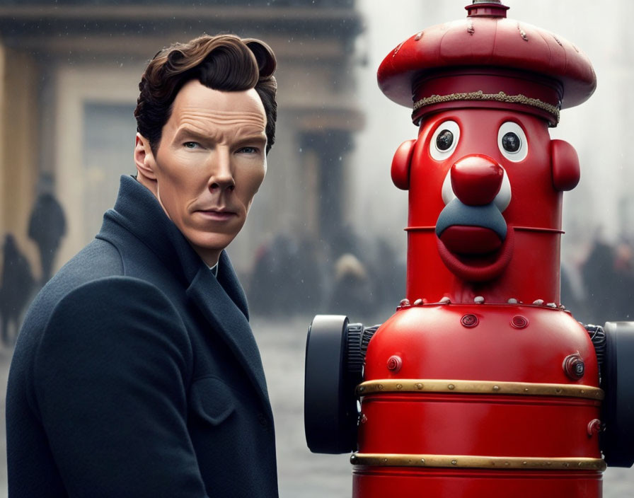 Man in coat next to surprised red fire hydrant