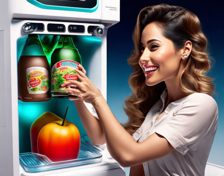 Smiling woman placing colorful drink bottles in futuristic vending machine