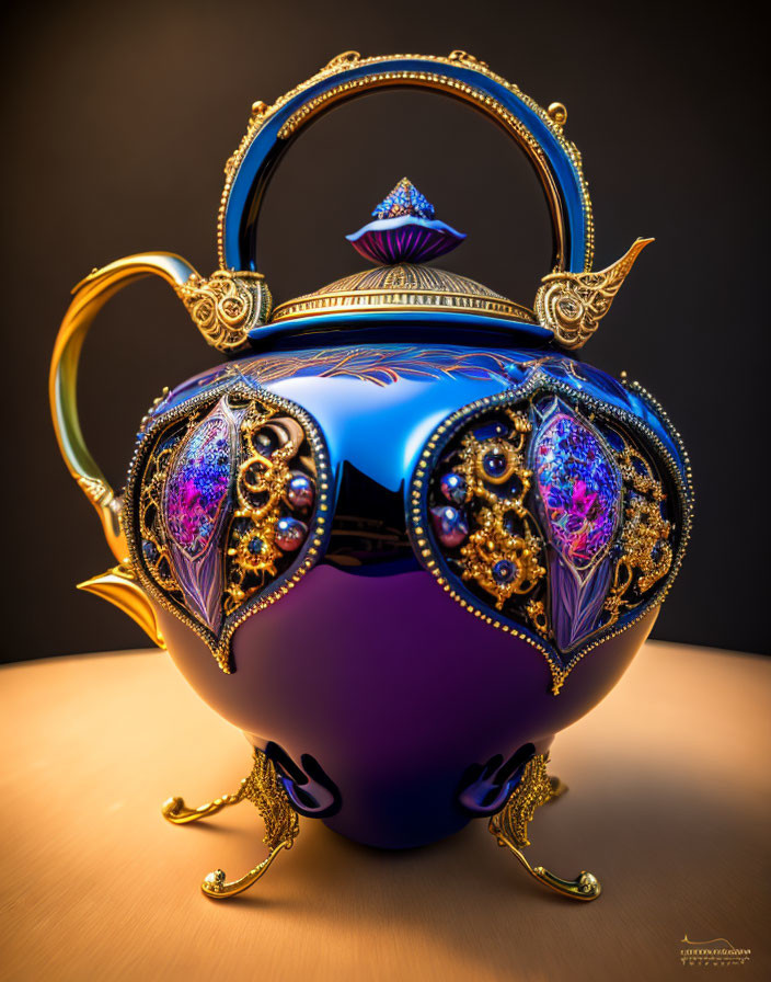 Indigo Teapot with Gold Accents and Jeweled Details