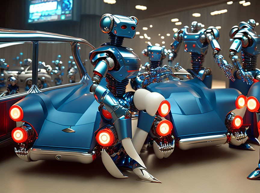 Futuristic Robots with Blue Designs Leaning on Vintage Cars