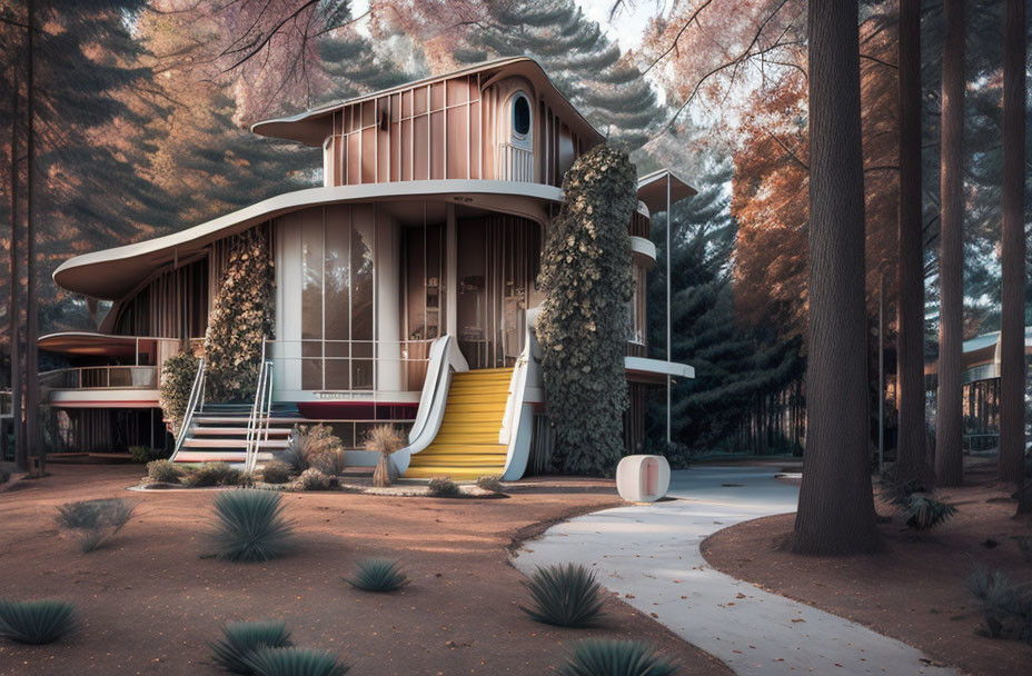 Curved Two-Story House Surrounded by Pine Trees and Ivy