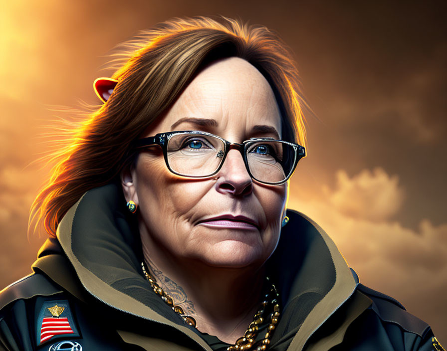 Digital artwork: Stern woman in glasses, military jacket, fiery sky.