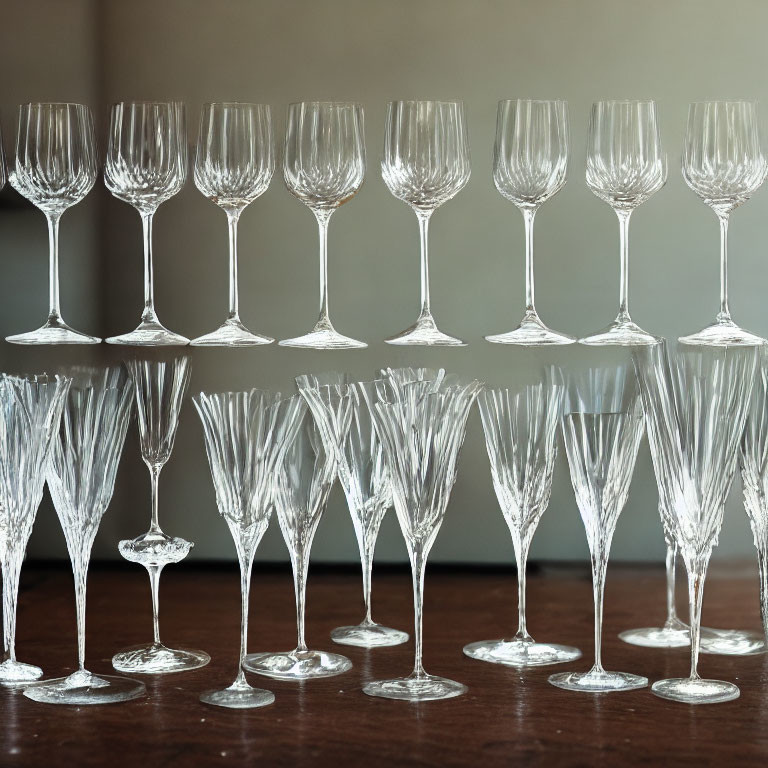 Symmetrically arranged empty wine glasses on glossy wooden surface