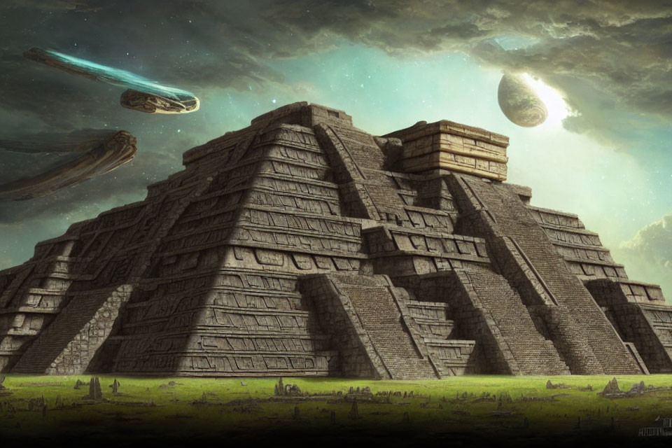 Digital artwork featuring ancient pyramid, staircase, dramatic sky, floating rocks, planet, and spaceship.