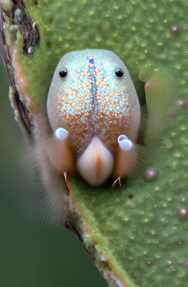 Colorful tree frog with blue eyes on plant stem.