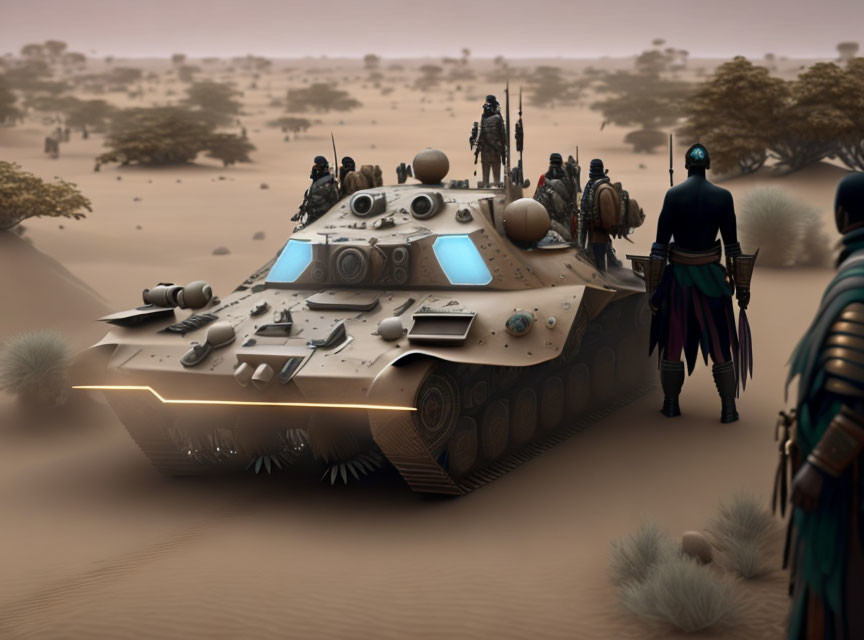 Armored vehicle and soldiers in desert with cloaked figure.