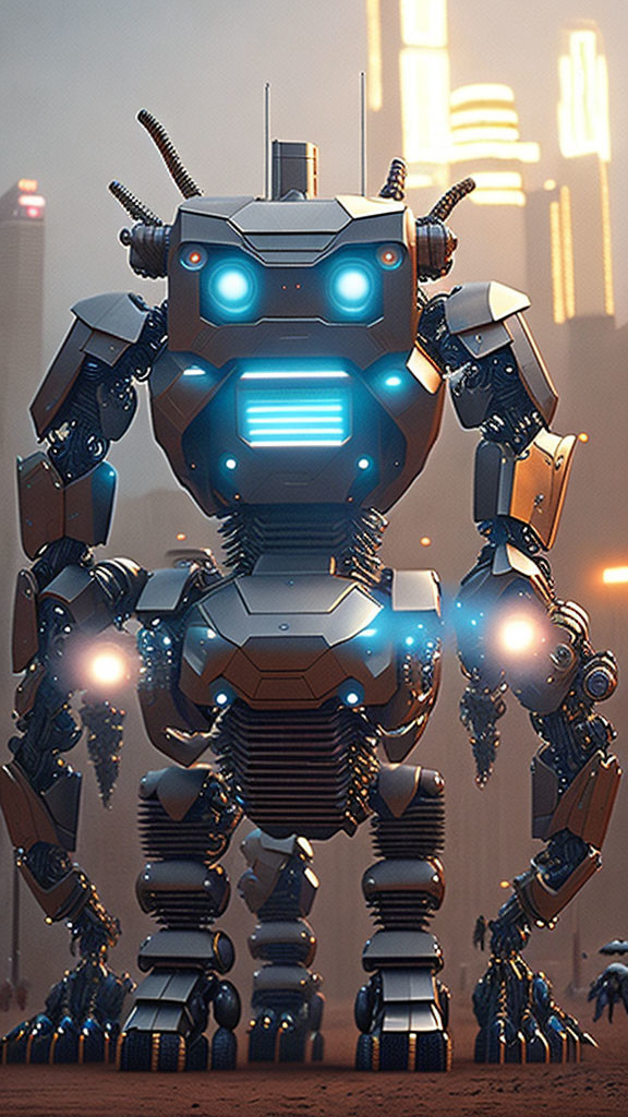 Futuristic robot with glowing blue eyes in urban setting