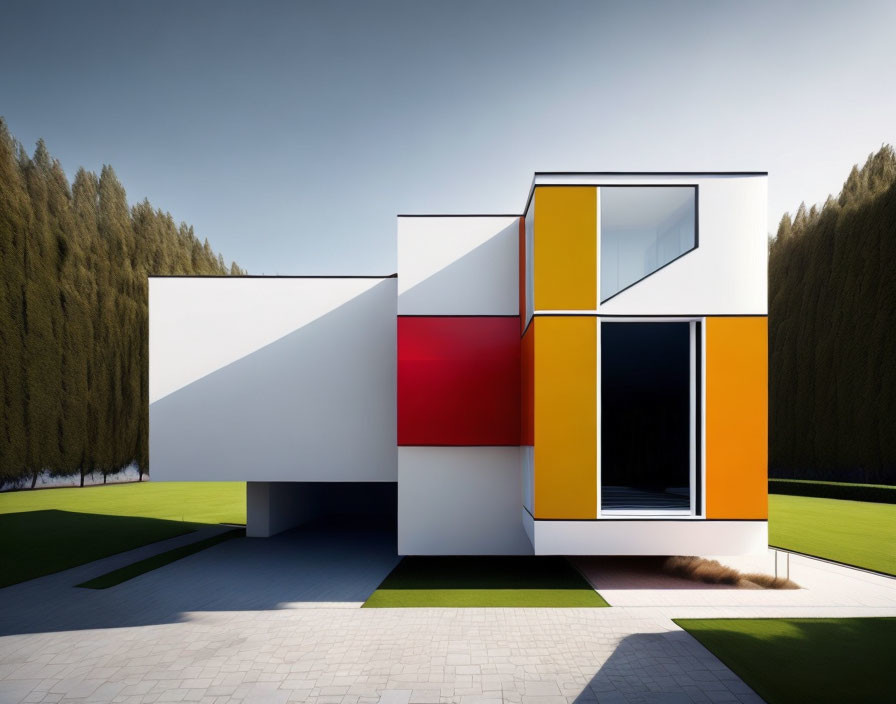 Modern House with Geometric Shapes and Colorful Panels against Blue Sky