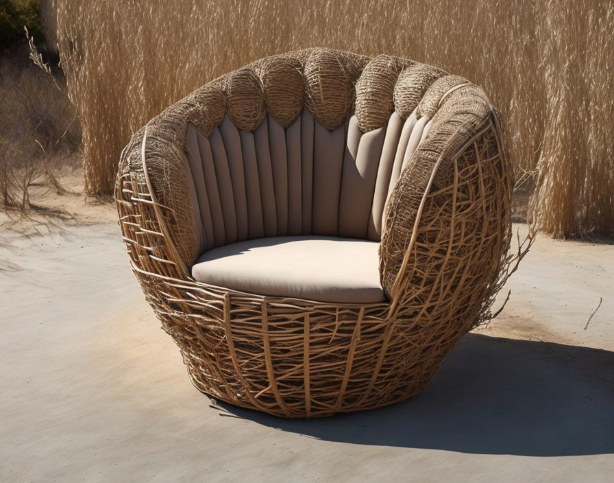 Round wicker outdoor chair with beige cushions in tall dry grass