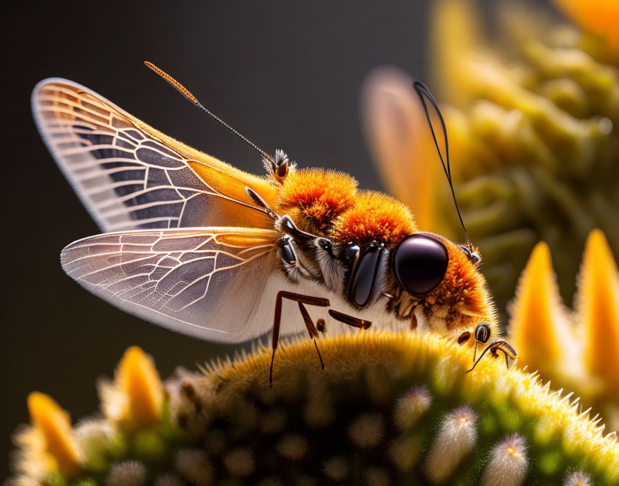 Macro photo of orange-bodied fly on yellow plant