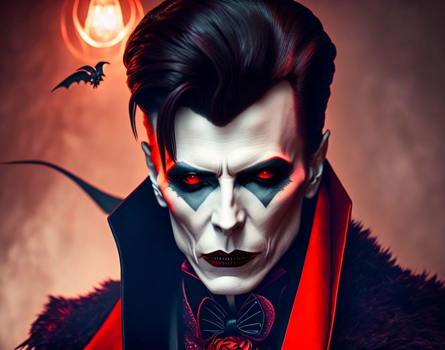 Dark vampire illustration with red and black eyes, high collar, and bat on moody background