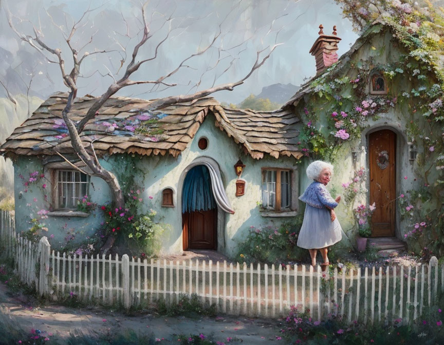 Quaint cottage with thatched roof and flowers, elderly woman by picket fence