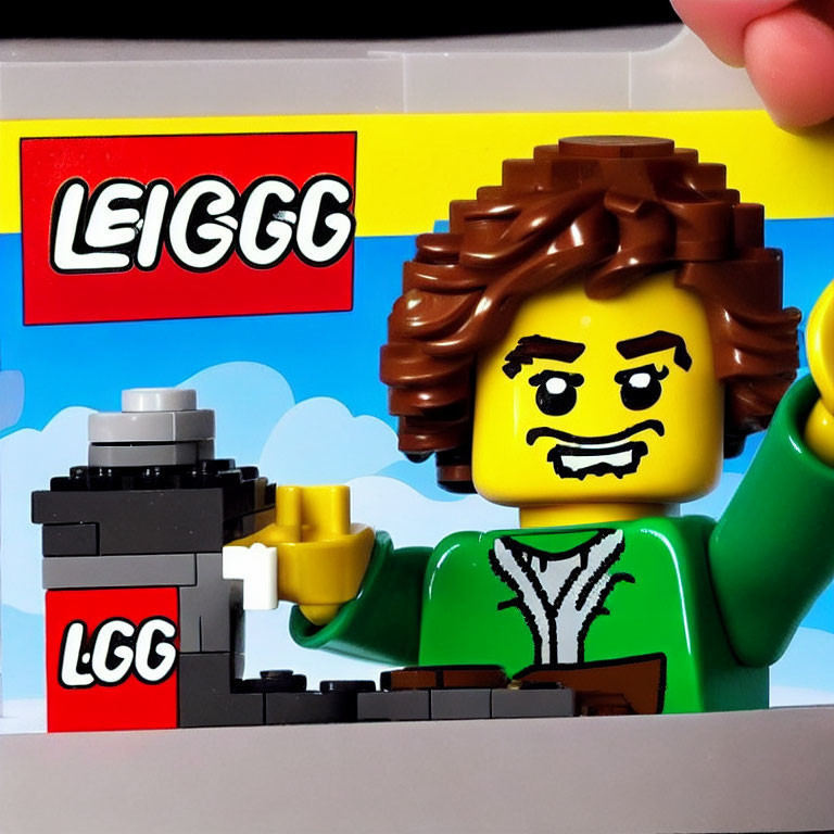 Brown-haired LEGO figure with green top and LEGO camera with parodied logos