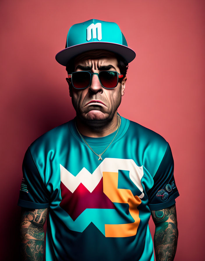 Tattooed man in turquoise cap, sunglasses, geometric jersey, displeased expression on red background