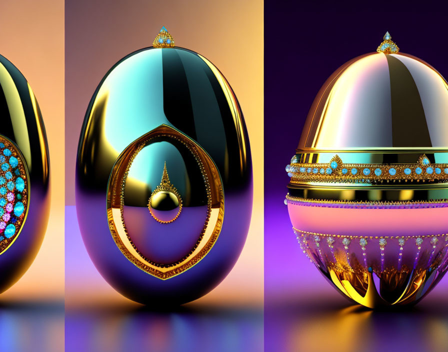 Ornate jeweled eggs on gradient backgrounds: golden/black and silver/purple with intricate decorations