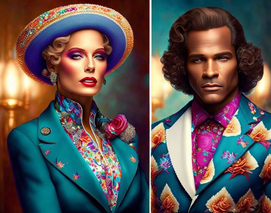 Vibrant stylized portraits of a woman in a wide-brimmed hat and a man in