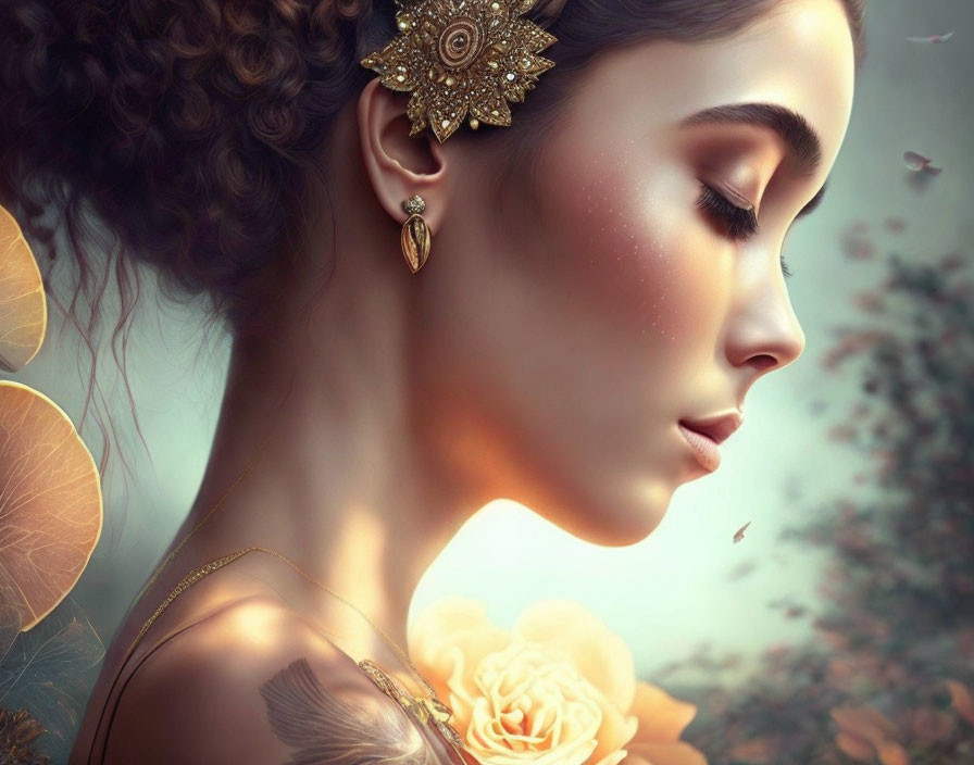 Digital artwork: Woman with gold jewelry, serene expression, autumn leaves background