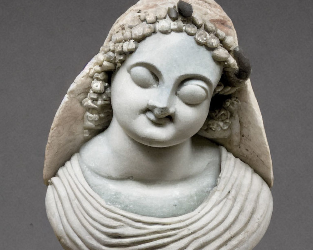 Carved statue head with serene facial features and curly hair