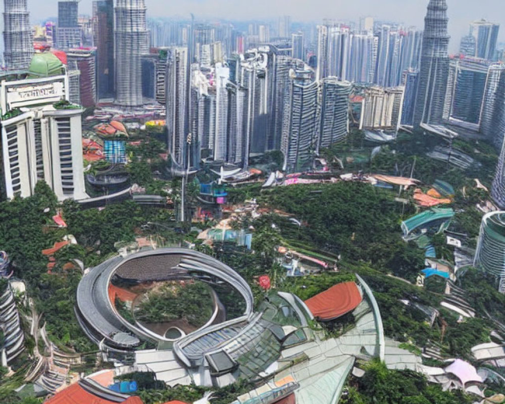 Modern cityscape with twin towers, greenery, and circular structure among skyscrapers