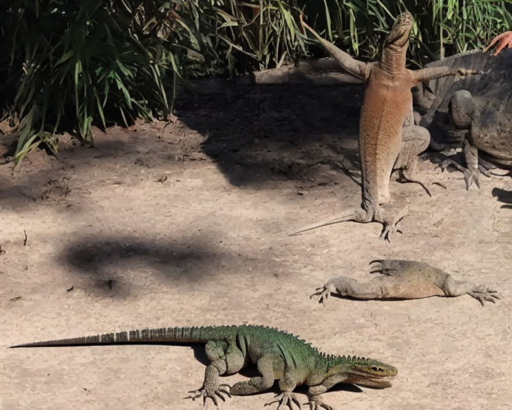 Three Komodo dragons basking in the sun on sand with vegetation in the background