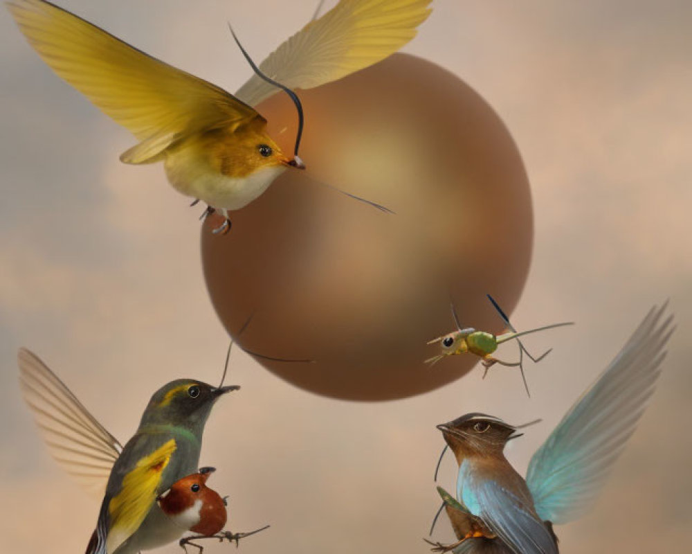 Vibrant birds flying around large floating egg with twig and insect