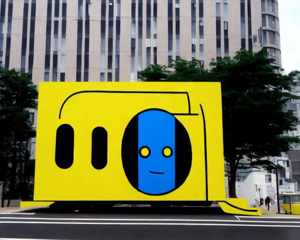 Cartoon Face Yellow Bus Stop on Urban Street