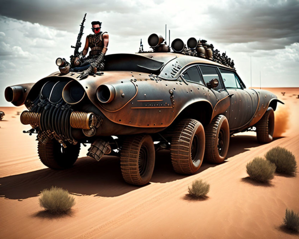 Post-apocalyptic figure on armored vehicle in desert landscape