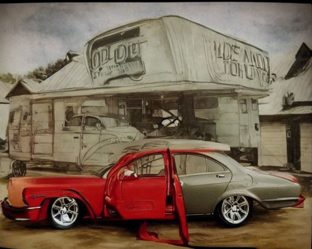 Vintage red and grey car outside retro diner with "Oldie But Goldie" signage