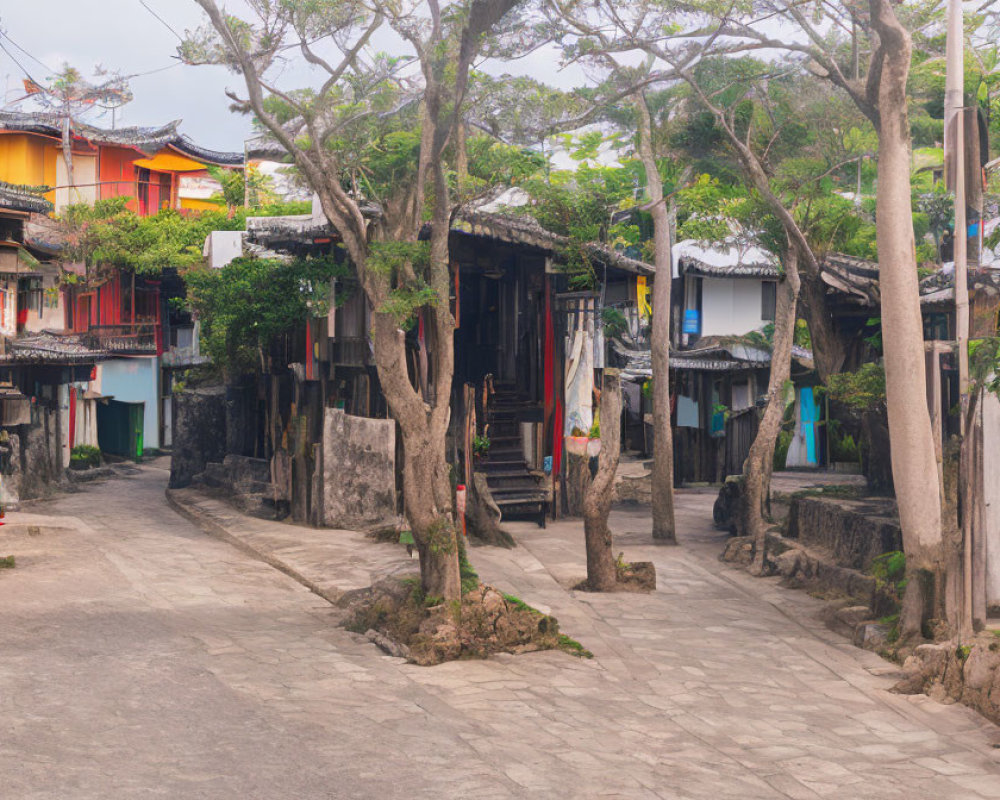 Stone-paved Street in Old Village with Traditional Houses